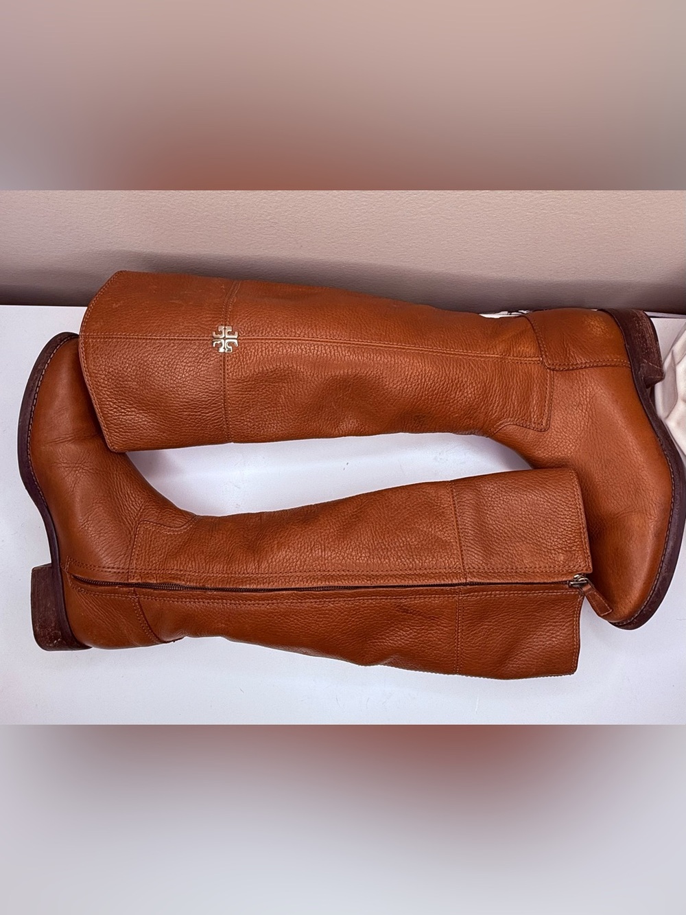 Tory Burch Cognac Pebbled Leather Riding Boots Tall Knee High Logo 7M Brazil - Picture 6 of 9